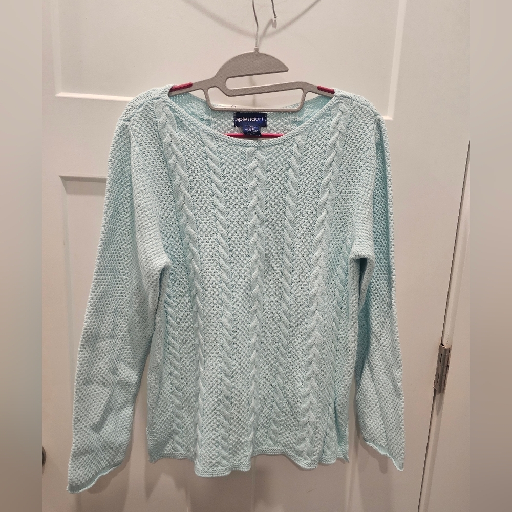 Splendor! Light Blue Cable Knit Cotton Sweater Women’s Medium Made in Canada